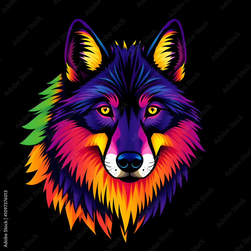 Naklejka premium A colorful wolf with a black background