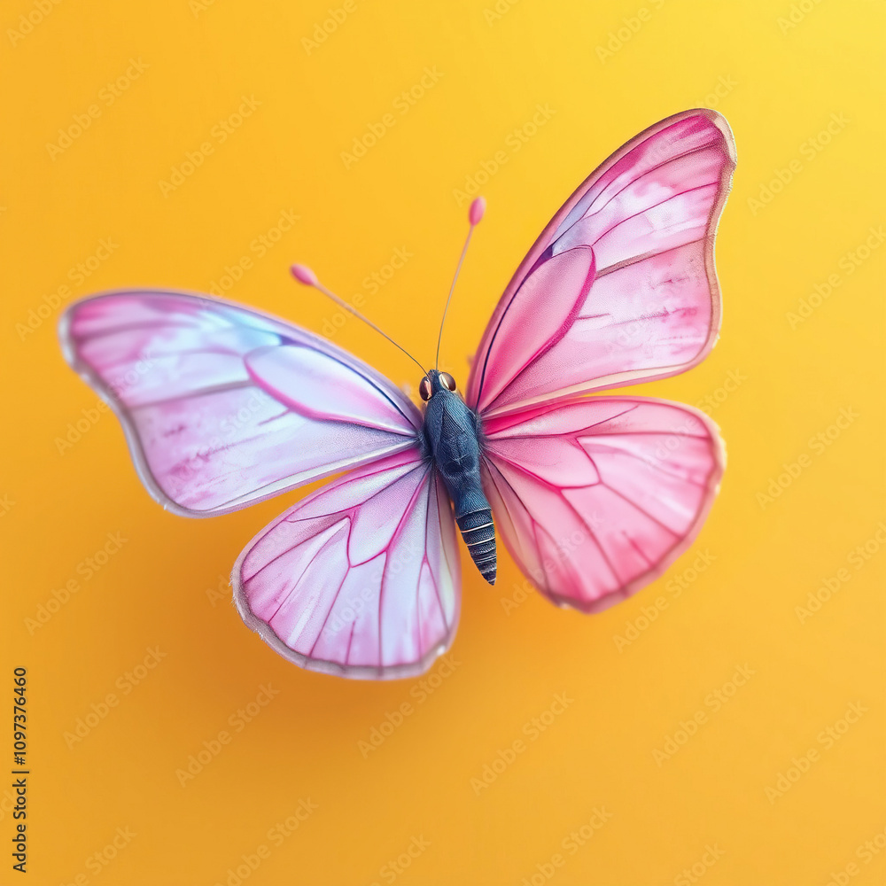 Fuzzy pink and blue butterfly on yellow background, flight, blue Fuzzy pink and blue butterfly on yellow background, flight, blue