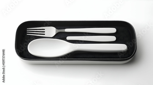 White spoon, fork, and knife set in a black rectangular case on a white background.