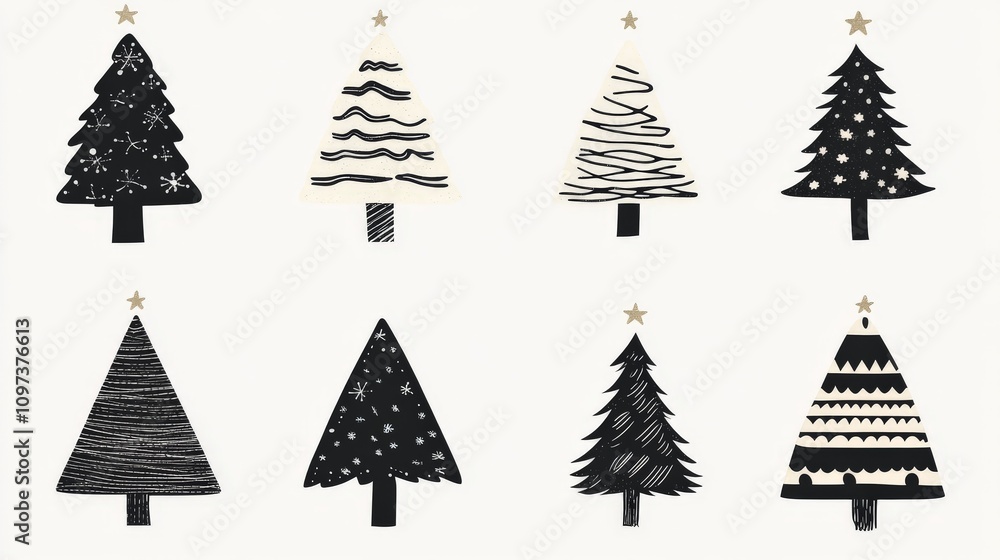 Obraz premium Monochrome Christmas trees in black and white with diverse shapes and minimalist design artistic festive illustration for modern holiday style and elegance