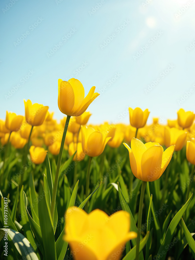 Obraz premium Golden sunlight shining on blooming yellow tulips, nature, petals, macro, field, golden hour