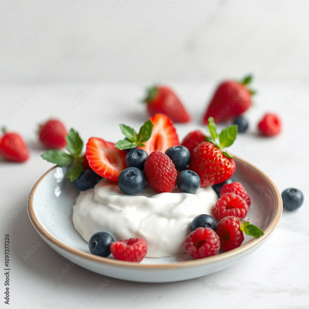 Healthy breakfast concept with yogurt and fresh berries on a ceramic plate, calcium, protein, Mediterranean, nourishing, spoonful Healthy breakfast concept with yogurt and fresh berries on a ceramic plate, calcium, protein, Mediterranean, nourishing, spoonful