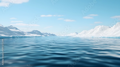 A serene landscape featuring calm waters and icy mountains under a clear blue sky.