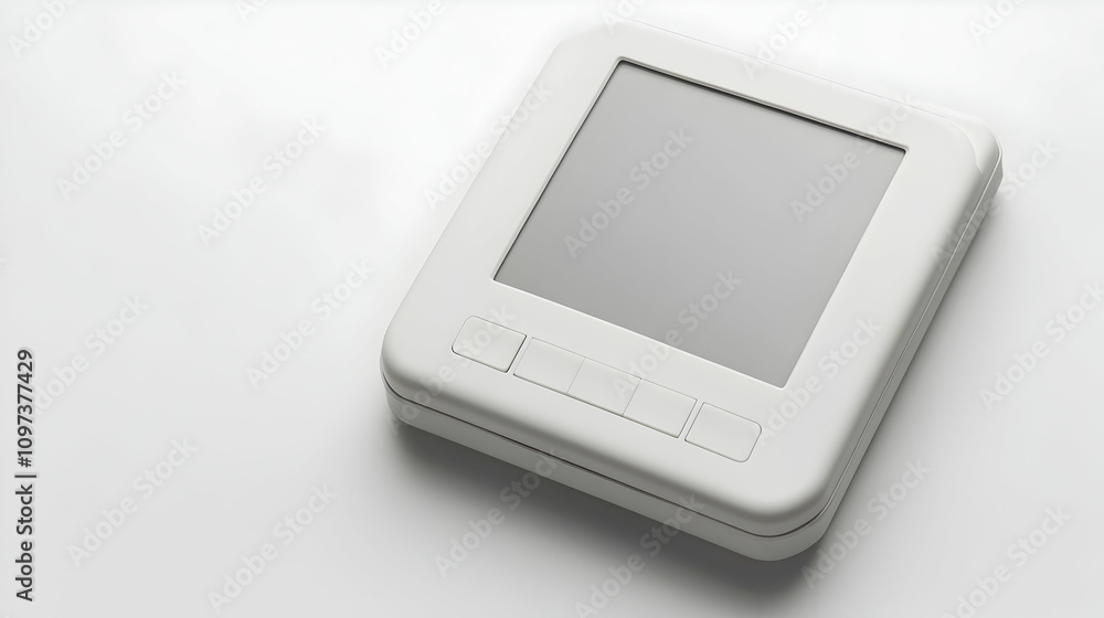 White square digital device with blank screen and buttons on white background. White square digital device with blank screen and buttons on white background.