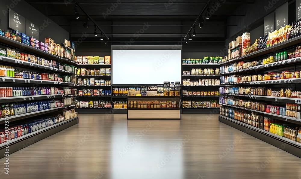 Supermarket Shelves With Blank Banners And POS Display Design. 3D rendering design. Supermarket Shelves With Blank Banners And POS Display Design. 3D rendering design.