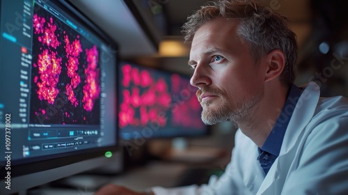 A biophysicist studies the movement of molecules in cells, displaying the results on a 3D monitor. photo