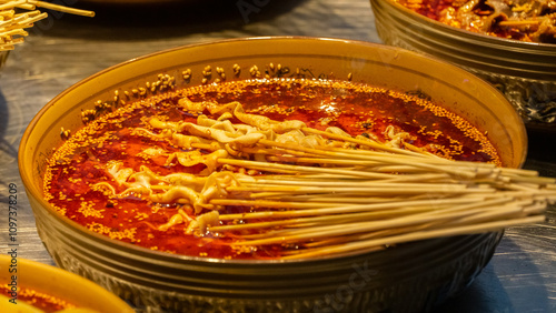 Sichuan Chuan Chuan is a popular street food featuring a variety of skewered meats, vegetables, and tofu cooked in a spicy, flavorful hotpot broth, showcasing the bold and aromatic flavors of Sichuan 