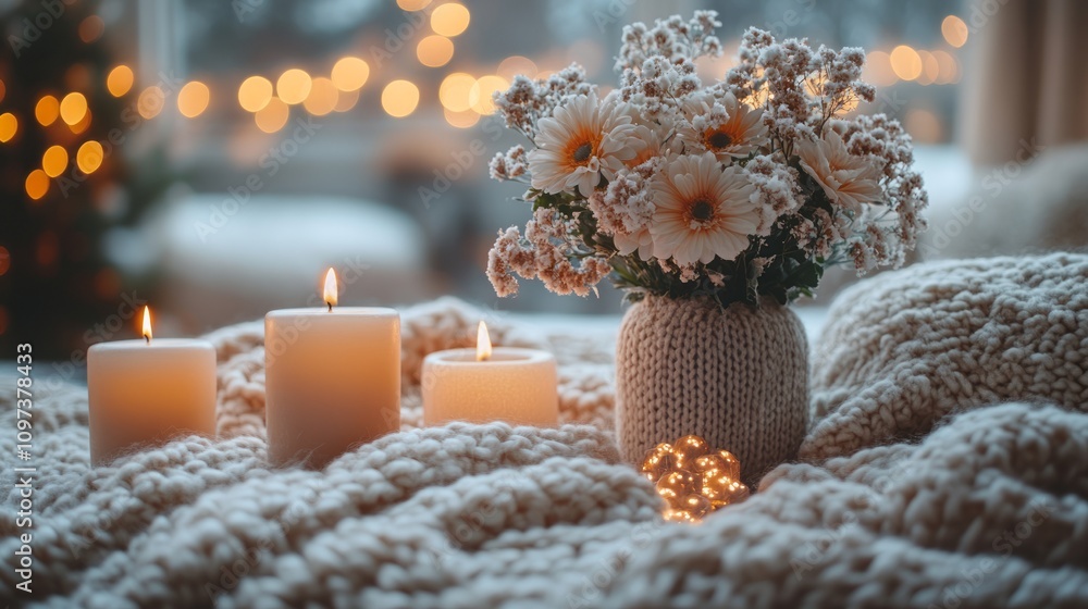 Fototapeta premium Cozy Winter Scene With Flowers Candles And Lights