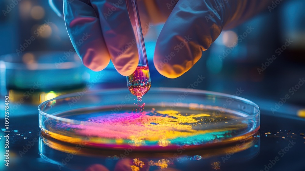 A close-up of scientists dropping colorful liquids into a petri dish to observe chemical changes. A close-up of scientists dropping colorful liquids into a petri dish to observe chemical changes.