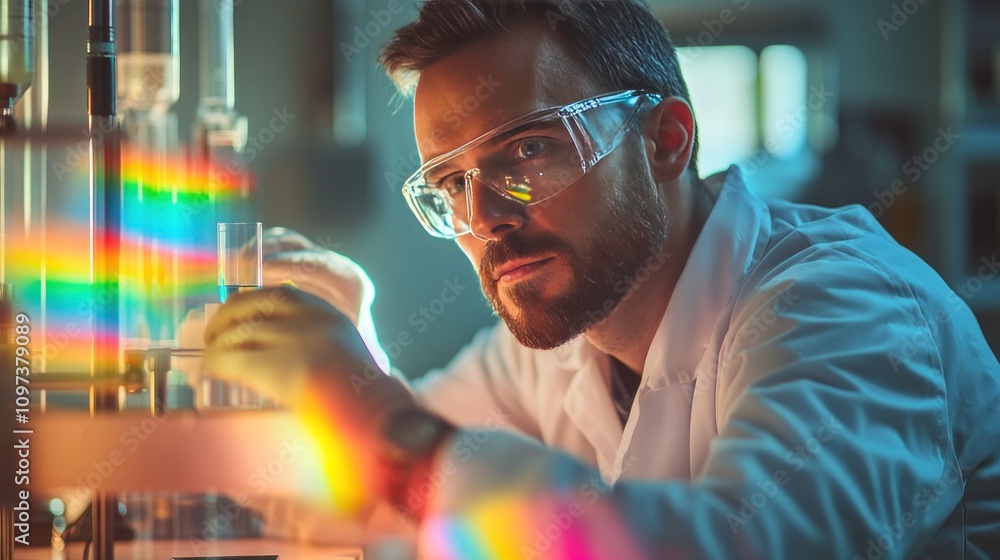 A physicist is studying the properties of light using a prism to separate different colors of light in a laboratory. A physicist is studying the properties of light using a prism to separate different colors of light in a laboratory.