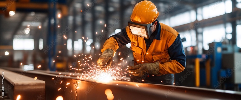Welder in protective gear sparks fly during metal welding in factory. Welder in protective gear sparks fly during metal welding in factory.
