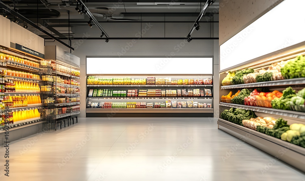 Fototapeta premium Supermarket Shelves With Blank Banners And POS Display Design. 3D rendering design. 