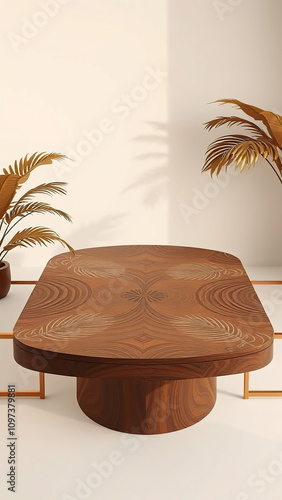 Minimalist luxury brown table top in tropical design, table, design, sleek photo