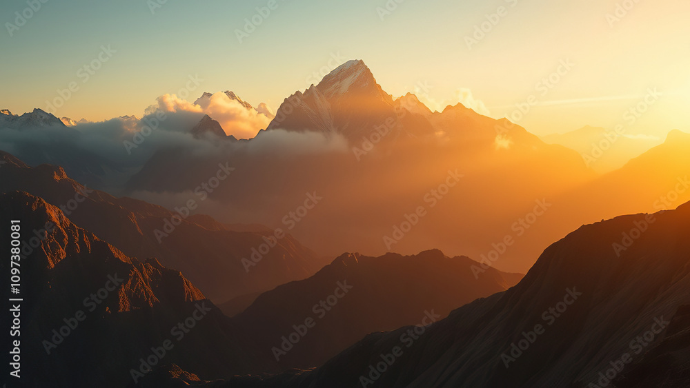 Obraz premium Misted mountain peaks bathed in warm golden light as sunrise breaks over the rugged terrain, serene environments., misty mountains, mountain sunrises, sunrise over peaks