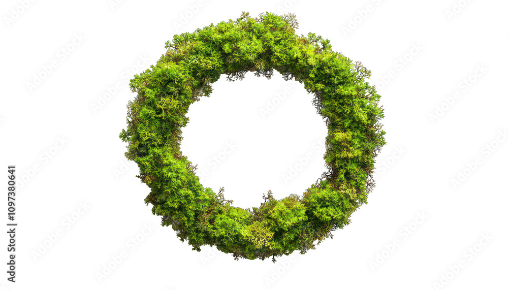 Green moss in a perfect circle shape, top view isolated on white. Green moss in a perfect circle shape, top view isolated on white.