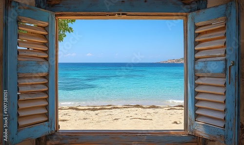 The beach viewed through an open window with wooden shutters offering a serene coastal view