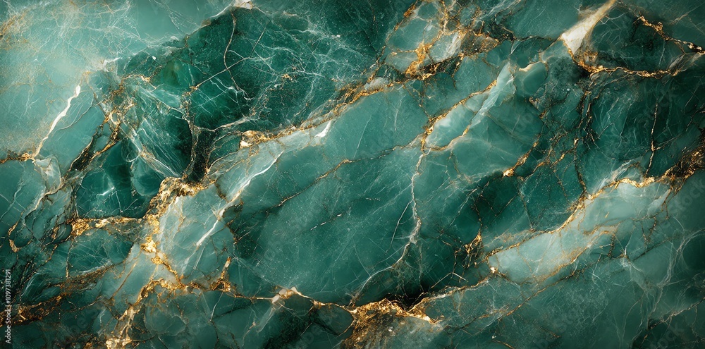 A close-up view of a textured green marble surface with golden veins. A close-up view of a textured green marble surface with golden veins.