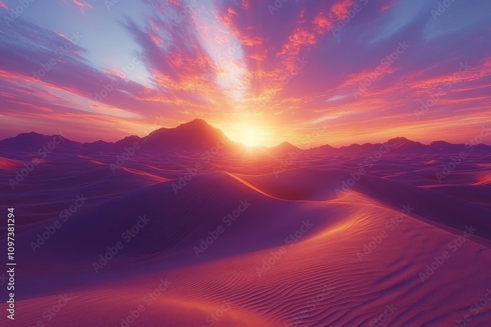Desert Sunset Over Rolling Sand Dunes And Mountains Desert Sunset Over Rolling Sand Dunes And Mountains