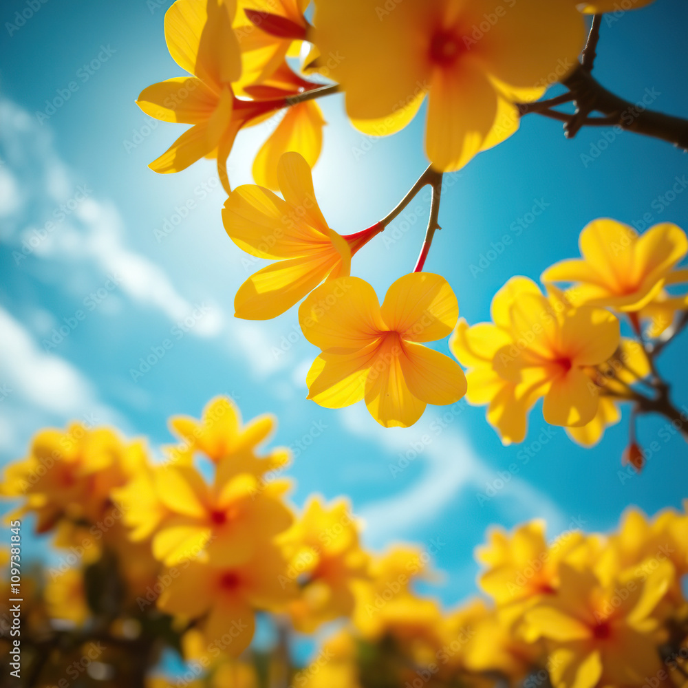 Obraz premium Radiant yellow tabebuia blossoms shining in the sunlight against a blue sky, sunny day, botanical species, sunlight, tropical tree