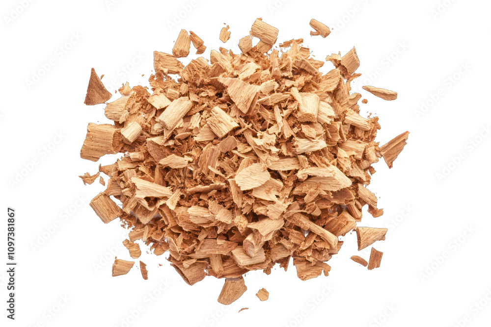 Artfully piled planed cinnamon shavings, presented in top view on white. Artfully piled planed cinnamon shavings, presented in top view on white.