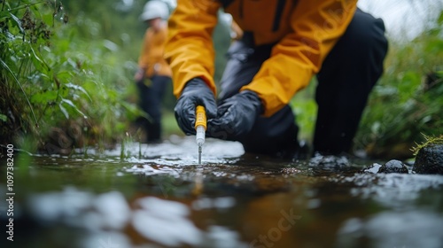 Close-up of environmental scientists examining water quality in a river using a field chemical tester photo