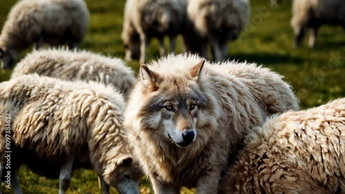 A wolf camouflaged in a flock of sheep. 03.