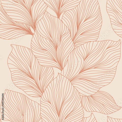 Abstract seamless pattern featuring delicate, coral-colored leaves in a minim...