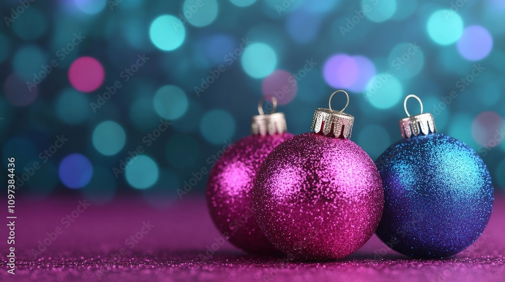 Sparkling Christmas Ornaments: Three festive ornaments, adorned with glitter, shimmer against a backdrop of twinkling lights. Sparkling Christmas Ornaments: Three festive ornaments, adorned with glitter, shimmer against a backdrop of twinkling lights.