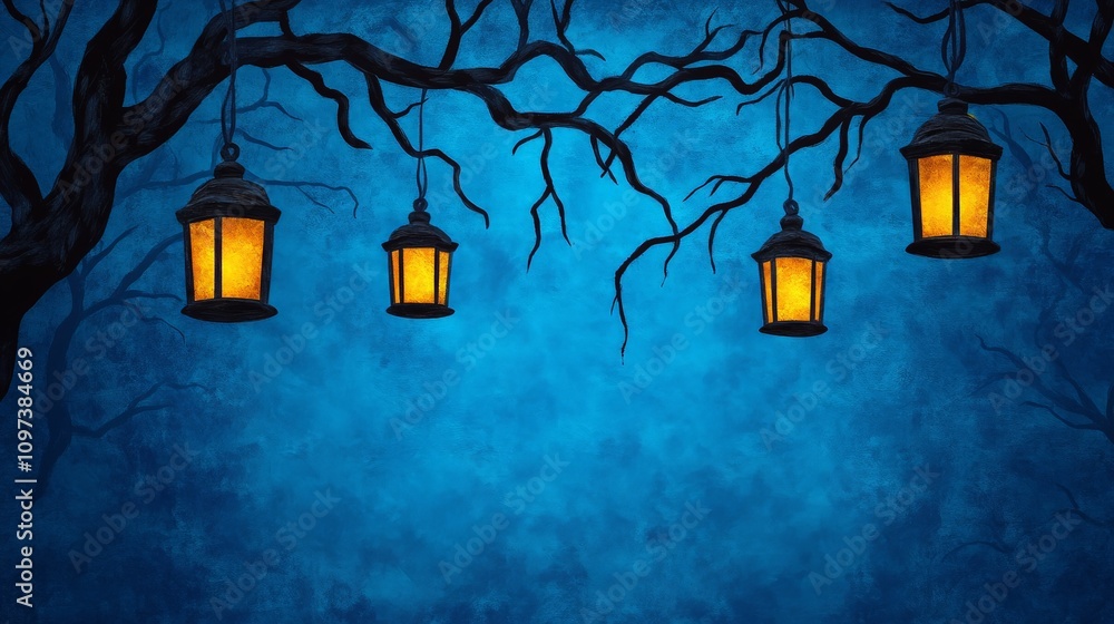 Enigmatic Night: Glowing Lanterns Hanging from Bare Branches Enigmatic Night: Glowing Lanterns Hanging from Bare Branches