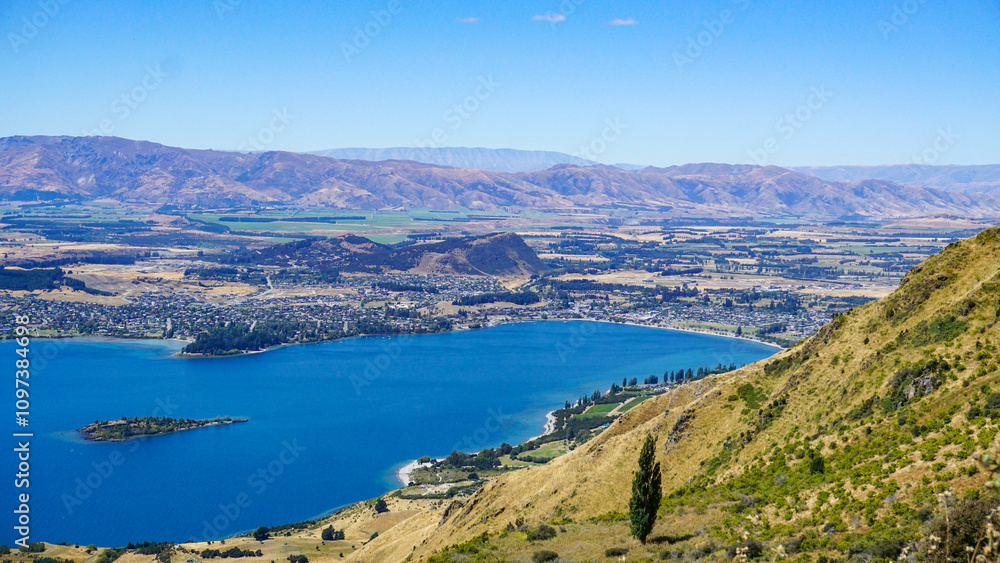 view of lake Wanaka from Roys Peak, New Zealand view of lake Wanaka from Roys Peak, New Zealand