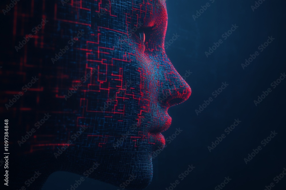 Digital human head silhouette with glowing red neural grid patterns on a dark background symbolizing artificial intelligence data visualization and cognitive depth in futuristic design Digital human head silhouette with glowing red neural grid patterns on a dark background symbolizing artificial intelligence data visualization and cognitive depth in futuristic design