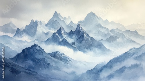 Wallpaper Mural A breathtaking mountain landscape in watercolor, with mist rising over jagged peaks at dawn. Gentle shades of gray, blue, and white capture the cool, crisp air. The serene scene feels majestic  Torontodigital.ca