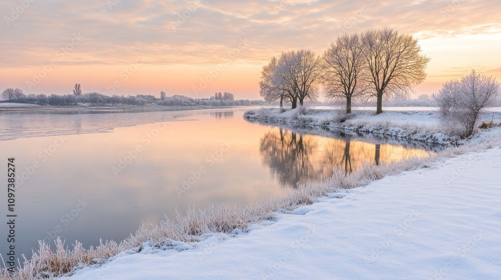 Winter Sunrise Over Frozen River With Snow Covered Banks And Trees Winter Sunrise Over Frozen River With Snow Covered Banks And Trees