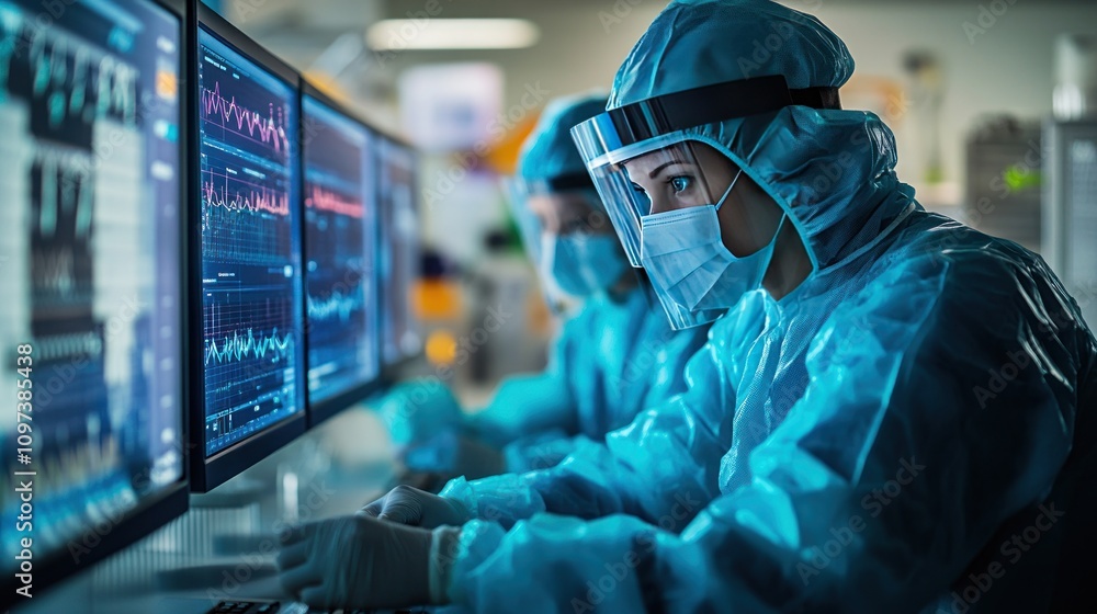 Researchers in protective gear analyzing data on a digital screen in a biosafety lab Researchers in protective gear analyzing data on a digital screen in a biosafety lab
