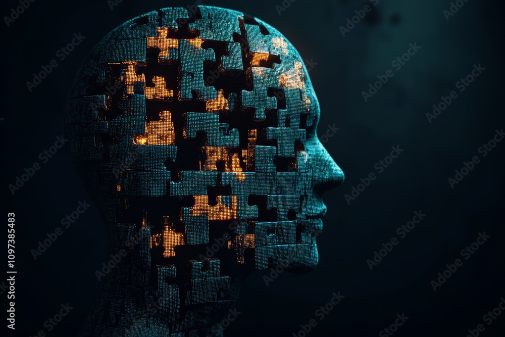 Human head silhouette filled with interconnected puzzle pieces on a dark background symbolizing cognitive complexity problem solving and innovative thought in abstract art Human head silhouette filled with interconnected puzzle pieces on a dark background symbolizing cognitive complexity problem solving and innovative thought in abstract art