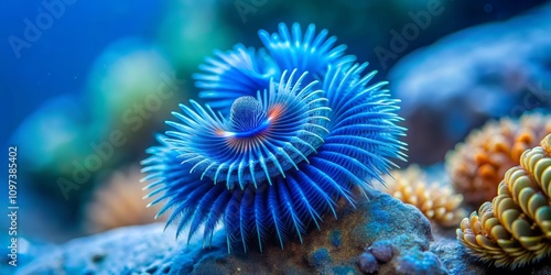 Long Exposure Blue Christmas Tree Worm on Turquoise Ocean Rock