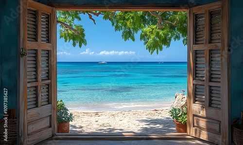 Open window with wooden shutters overlooking tropical beach and sea