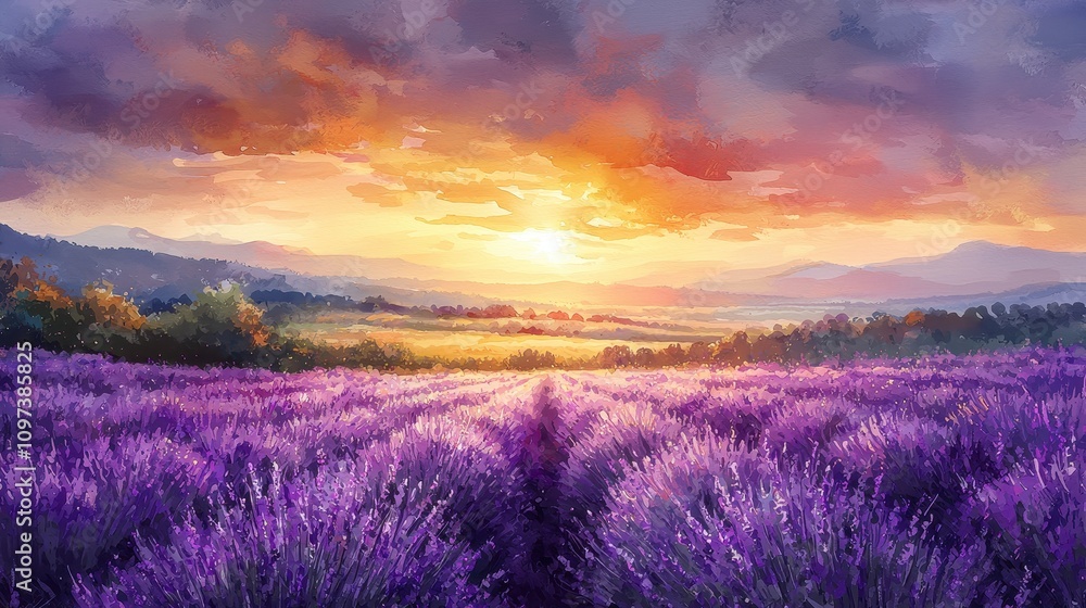 A dreamy watercolor depiction of a lavender field stretching into the horizon under a golden sunset. The soft purples contrast beautifully with the warm tones of the sky. The composition radiates A dreamy watercolor depiction of a lavender field stretching into the horizon under a golden sunset. The soft purples contrast beautifully with the warm tones of the sky. The composition radiates