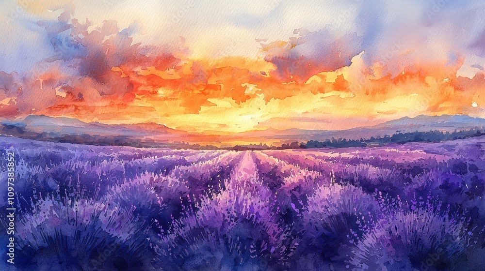 A dreamy watercolor depiction of a lavender field stretching into the horizon under a golden sunset. The soft purples contrast beautifully with the warm tones of the sky. The composition radiates A dreamy watercolor depiction of a lavender field stretching into the horizon under a golden sunset. The soft purples contrast beautifully with the warm tones of the sky. The composition radiates