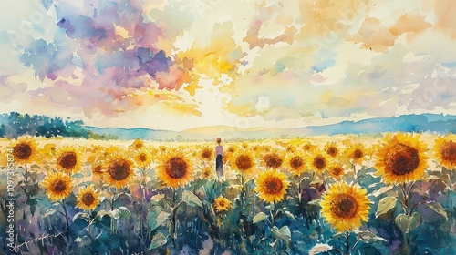 A dreamy watercolor of a sunflower field under a pastel sky painted in soft hues of peach, lavender, and blue. The tall sunflowers stand proudly, swaying gently in the breeze. The composition 