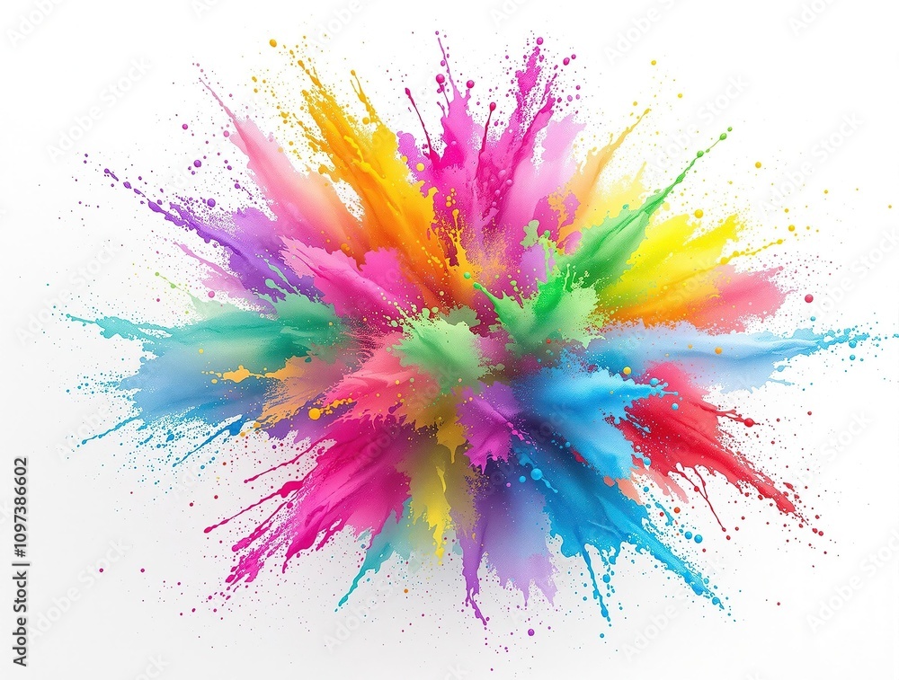 Vibrant rainbow powder explosion in a wide panorama background, with isolated colorful paint splashes on an empty white space, paint, splatter Vibrant rainbow powder explosion in a wide panorama background, with isolated colorful paint splashes on an empty white space, paint, splatter