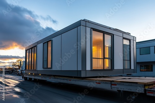 Modern Prefabricated House on Flatbed Truck at Sunset, Showcasing Innovative Construction and Design, Ready for Installation in Scenic Location