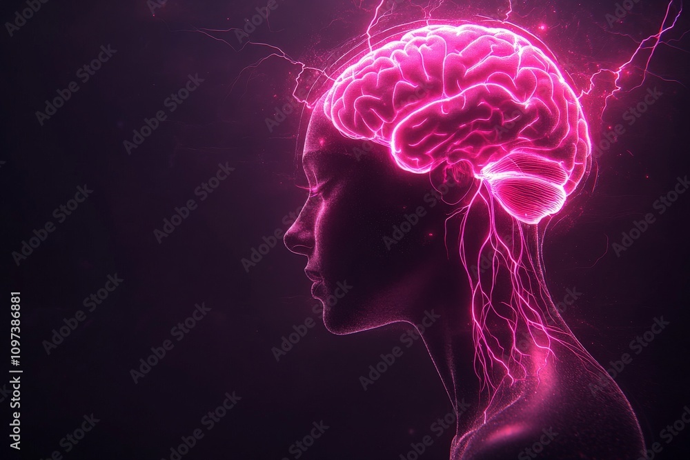 Female head glowing with neon pink neural strands in abstract darkness symbolizing creativity cognitive processes and imagination in futuristic conceptual art Female head glowing with neon pink neural strands in abstract darkness symbolizing creativity cognitive processes and imagination in futuristic conceptual art