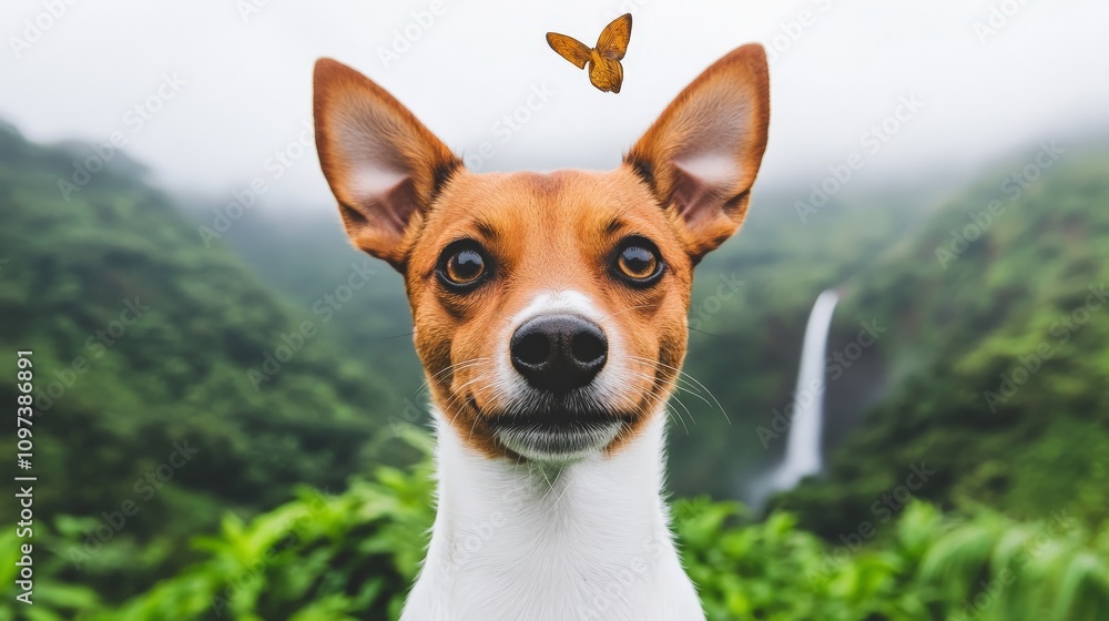 Curious Canine in the Mist: A playful Jack Russell Terrier watches a butterfly flitting above in a captivating photo. Curious Canine in the Mist: A playful Jack Russell Terrier watches a butterfly flitting above in a captivating photo.