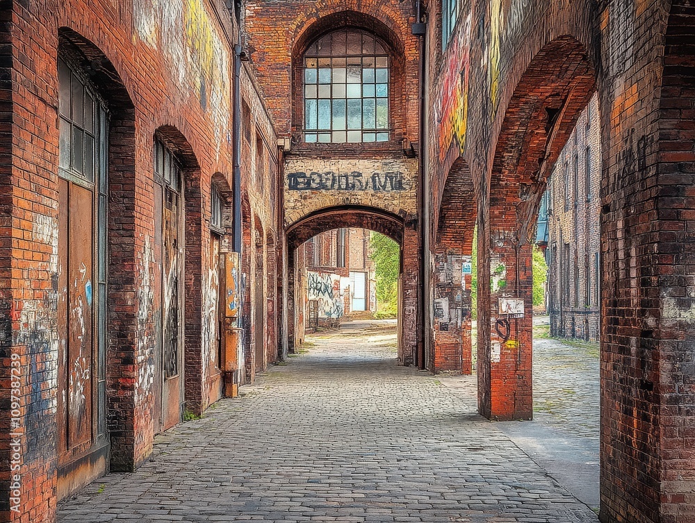 Fototapeta premium Urban Exploration Historic Brick Warehouse with Arched Windows City Alley Urban Environment Artistic Perspective