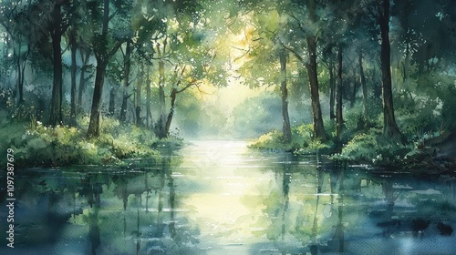 A serene watercolor depiction of a quiet forest river winding through lush greenery. Gentle reflections of the trees dance on the water’s surface, painted in soft greens and blues. The scene 