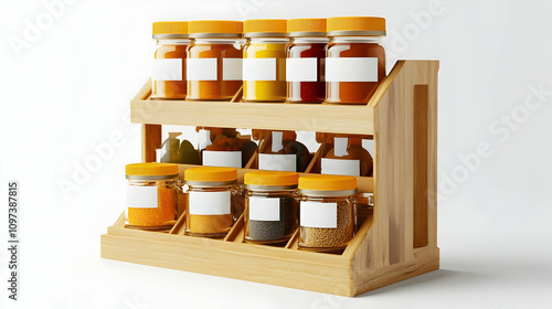 Fototapeta Naklejka Na Ścianę i Meble -  Wooden spice rack with glass jars filled with various spices, on white background.