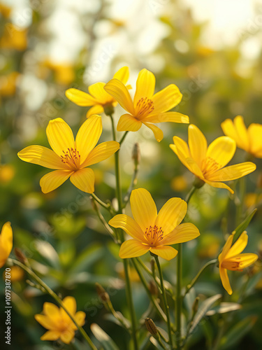 Vibrant yellow spring flowers in full bloom against natural background, nature, sunny, colorful, outdoors, fresh