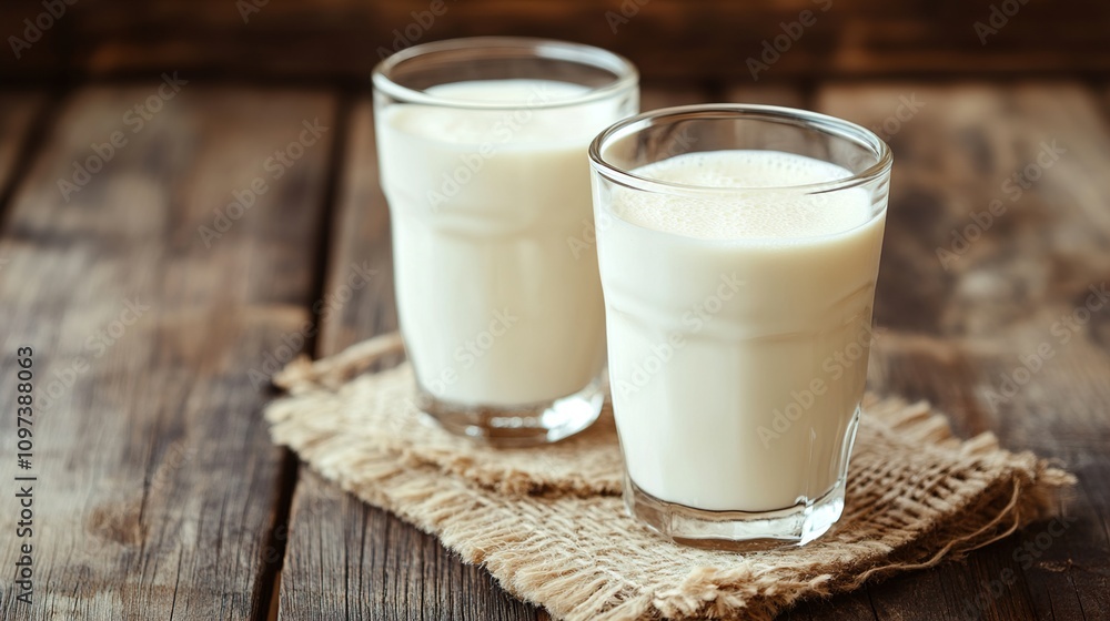Two Glasses of Milk on Rustic Wooden Table: A Refreshing Beverage Photography Two Glasses of Milk on Rustic Wooden Table: A Refreshing Beverage Photography