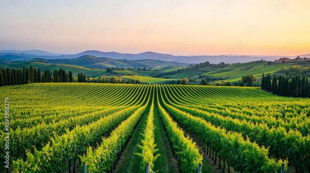 Vineyard Sunset: A breathtaking view of rolling vineyards bathed in the golden glow of sunset, with rows of lush green vines stretching towards distant hills. Vineyard Sunset: A breathtaking view of rolling vineyards bathed in the golden glow of sunset, with rows of lush green vines stretching towards distant hills.
